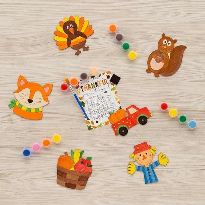 Fall Thanksgiving Crafts for Kids - 24 PCS DIY Wood Magnet Painting Kit with Cards - Thanksgiving Classroom Activities, Autumn Holiday Decorations, Fall Goodie Bag Favors for Boys & Girls