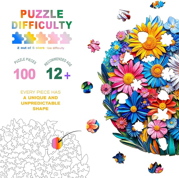 Wooden Puzzles for Adults - Paper Flower Wooden Jigsaw Puzzle - Unique Animal Shaped Wood Puzzles Adult - Christmas Birthday Gifts for Adults/Friends/Family - 100pcs 8.5 * 8.4in