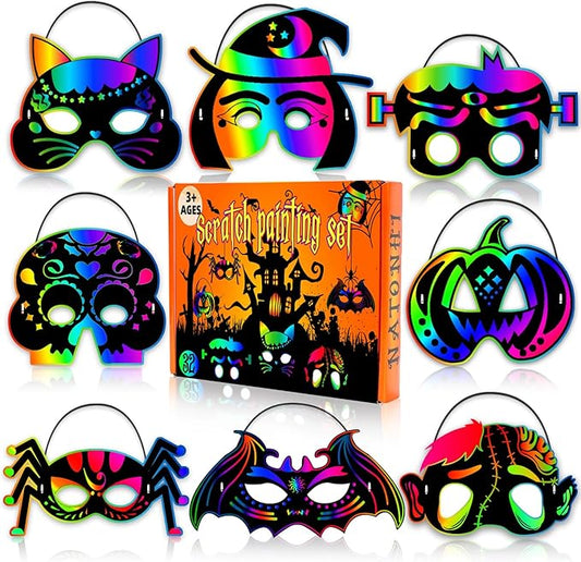 Natonhi 32Pcs Halloween Crafts for Kids Rainbow Scratch Mask, Halloween Games Scratch Art and Craft Kit Classroom Activities Favors Party Supplies