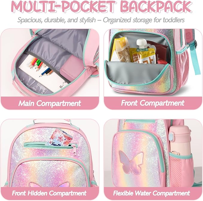 Toddler Backpack for Girls 2-4,Preschool Kindergarten Butterfly Backpacks,Small Backpack for Kids,Toddler Bookbag with Chest Strap