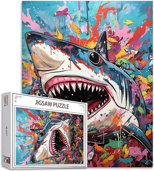 Animal 1000 Piece Jigsaw Puzzles for Adults Graffitic Shark Painting Jigsaw Puzzle Underwater World 1000 Pieces Puzzles Game Home Wall Decor DIY Craft Aquarium Sea Life Puzzle Art Gift(Colorful)