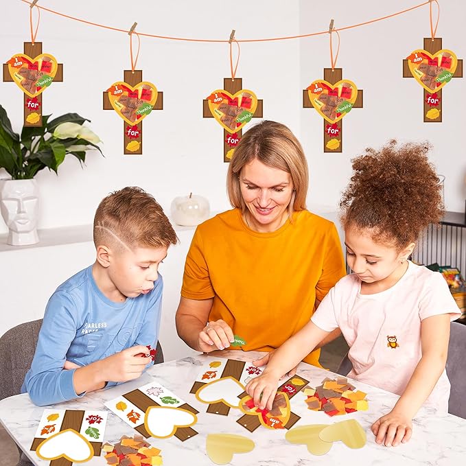 WATINC Fall Cross Suncatchers Craft - DIY Religious Thanksgiving Thankful Tissue Paper Hanging Ornament Kit, Make Your Own Creative Christian Crosses Decor Fun Activities for School Classroom (24Pcs)
