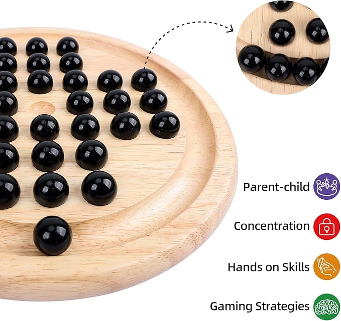 Wooden Solitaire Board Game with 33 Piece Black Glass Marbles Classic One Player Gameplay Strategy Puzzle Board Games Kids & Adults Fun Family Tabletop Toys, Birthday Gift,Table Games