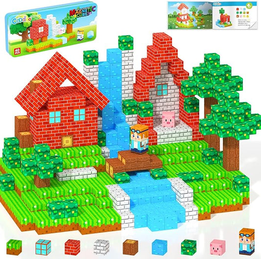 Magnetic Blocks Kids Travel Toys with Portable Metal Tin – Montessori Building Blocks STEM Magnet Magnetic Tiles Toddler Kids Toys for 3+ Year Old Boys & Girls, Classroom Must Haves Creative Gift