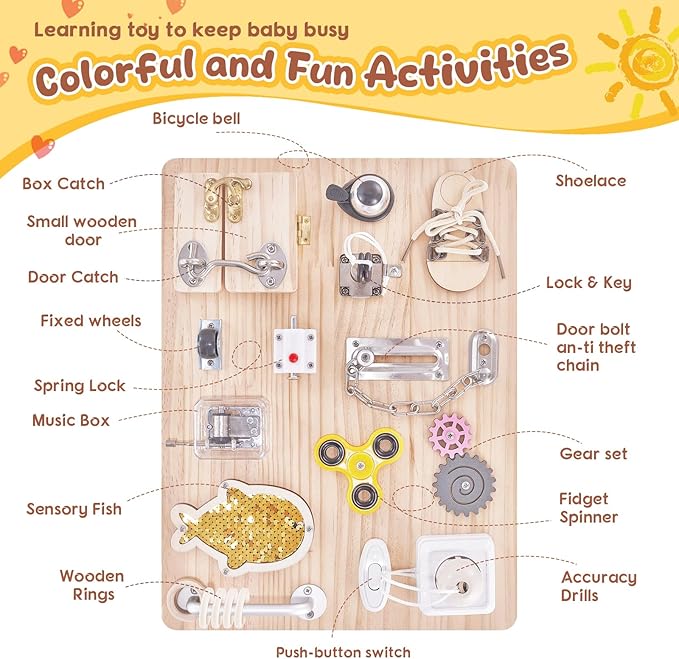 Wooden Montessori Large Busy Board for 1 2 3 4 Year Old, Sensory Activity Busy Board for Toddler Kids Baby Boys Girls, Travel Educational Toy for ADHD & Autistic Children