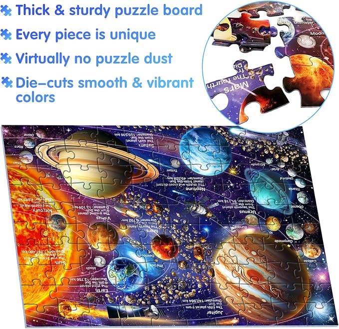 100 Piece Puzzles for Kids Ages 4-8-10, Solar System Puzzles 100 Pieces for Kids Science Educational Space Planet Puzzle Toys for Kids 4-6, 5-8, 6-8, 8-10 Boys Girls