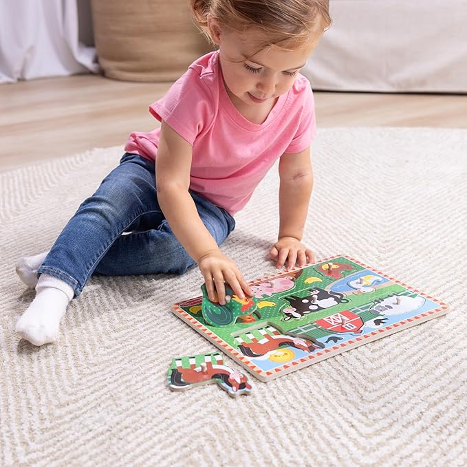 Melissa & Doug Wooden Peg Puzzle Set – 4-Pack Vehicle, Farm, Safari & Pet Animal Themes – Educational Puzzles for Toddlers and Preschoolers Ages 2+