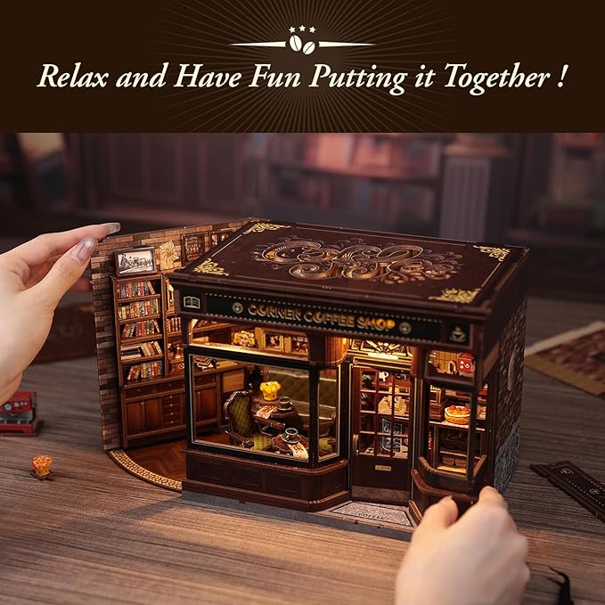 CUTEBEE Book Nook Kit, DIY Miniature House Kits for Adult and Teens, Dollhouse Booknook Tiny House, Bookshelf 3D Wooden Puzzle, DIY Craft Gifts for Family and Friends (Corner Coffee Shop)