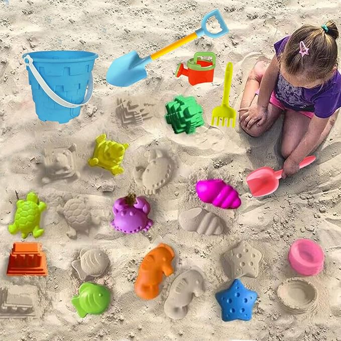 Beach Sand Toy Set for Kids, 15PCS Sand Toys with Beach Bucket, Watering Can, Big Shovel, Rake, Sea Animal Molds Sand Castle Building Kit for Boys, Girls, Toddlers
