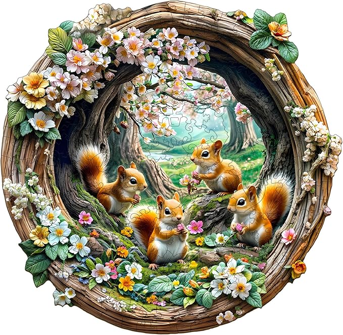 Wooden Puzzles for Adults, Wooden Jigsaw Puzzles for Adults, 3D Vision Effect-3D Spring Squirrel Unique Shaped Wood Puzzles Adult, Creative Birthday Gifts for Friends Family Game(13.4 * 13in 300pcs)