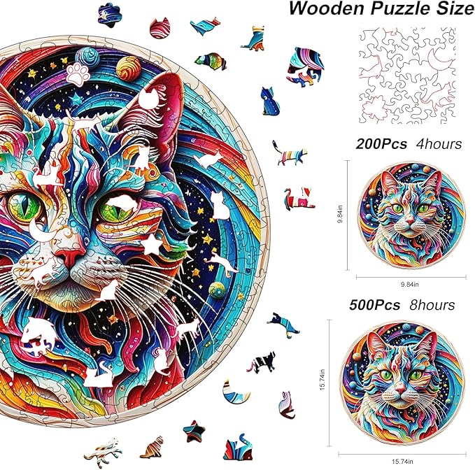 Wooden Puzzle for Adults โ Unique Cat-Shaped Jigsaw, Animal Desgin Brain Teaser for Kids & Teens, 200 Pieces, 10"x10", Ships as Whole Puzzle Board (No Loose Pieces), Gift-Ready Box, Fun Family Game,