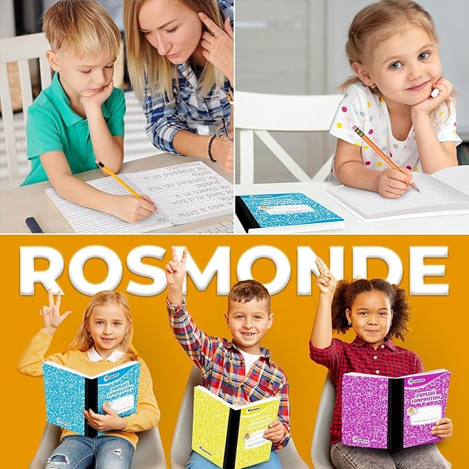 5 Pack Primary Composition Notebooks, 200 Pages (100 Sheets), Grades K-2 Writing Workbook, 9-3/4" x 7-1/2", Primary Composition Notebook for Kids, Writing Dotted Lined, Assorted Marble
