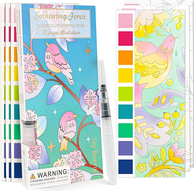 Watercolor Painting Coloring Books Pocket Watercolor Paint Bookmarks, Mess Free Paint with Water Set, Travel Class Activities Art Party Favors Exchange Birthday Gifts for Kids (Enchanting forest)