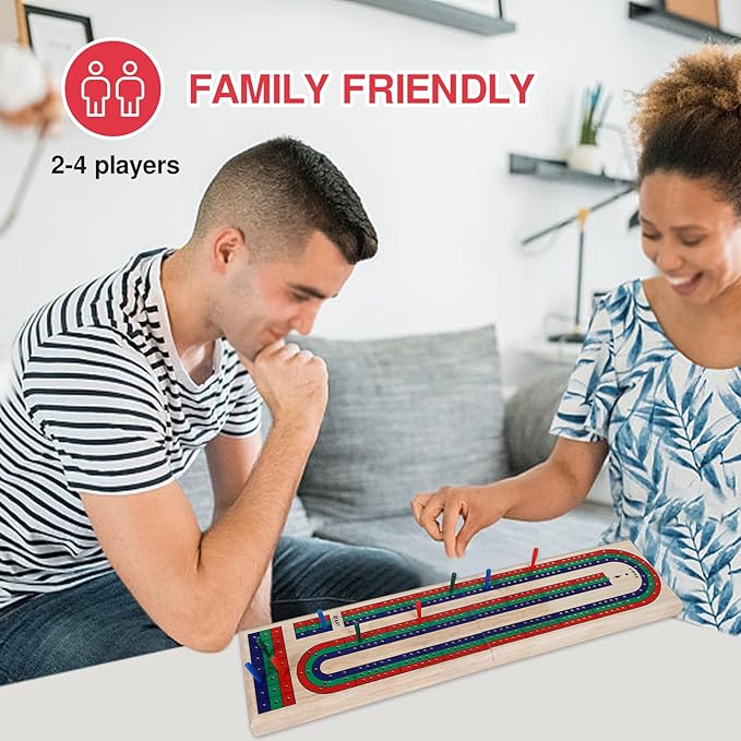 GOTHINK Folding Cribbage Board Game Set, Classic Wooden Cribbage Boards Game for Family Fun, 9 Multi-Colored Pegs, 3 Tracks, Red Green Blue Pegs for 2-3 Players