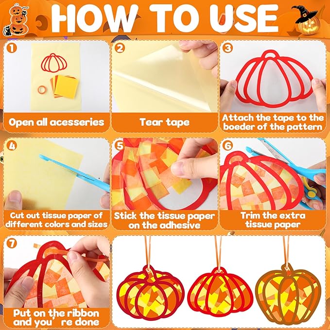 36 Set Fall Pumpkin Suncatchers Crafts for Kids DIY Autumn Window Tissue Paper Crafts Kit Thanksgiving Pumpkin Hanging Decor for Fall School Home Activity Art Project Birthday Party Favor Gift