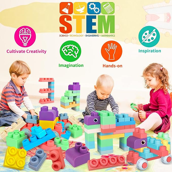 80PCS Baby Blocks Set with Storage Bucket, Blocks for Babies 6 Months and Up STEM Educational Toddler Gifts, Rubber Soft Blocks Big Building Blocks Sensory Stacking Toys