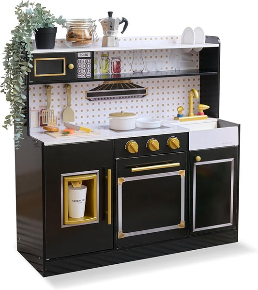 Teamson Kids Wooden Play Kitchen for Toddlers with Accessories, Pretend Cooking Set for Kids Age 3+, Black Toy Kitchen Playset, Retro Design, Realistic Features for Boys & Girls, St. Louis Collection