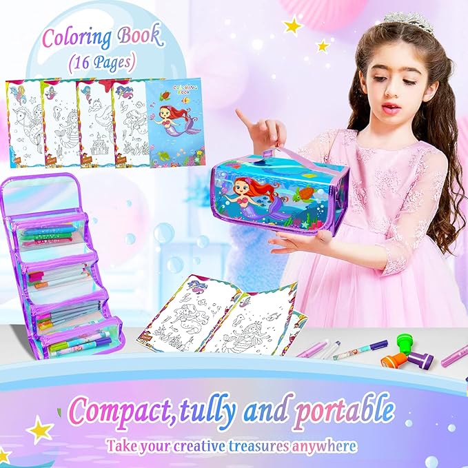 weirtoya 56 PCS Washable Scented Markers Set with Glitter Pencil Case, Mermaid Unicorn Arts and Crafts for kids 4-6-8 Kids Coloring Drawing Kits for 4-8 Years Old Girls Birthday Gifts