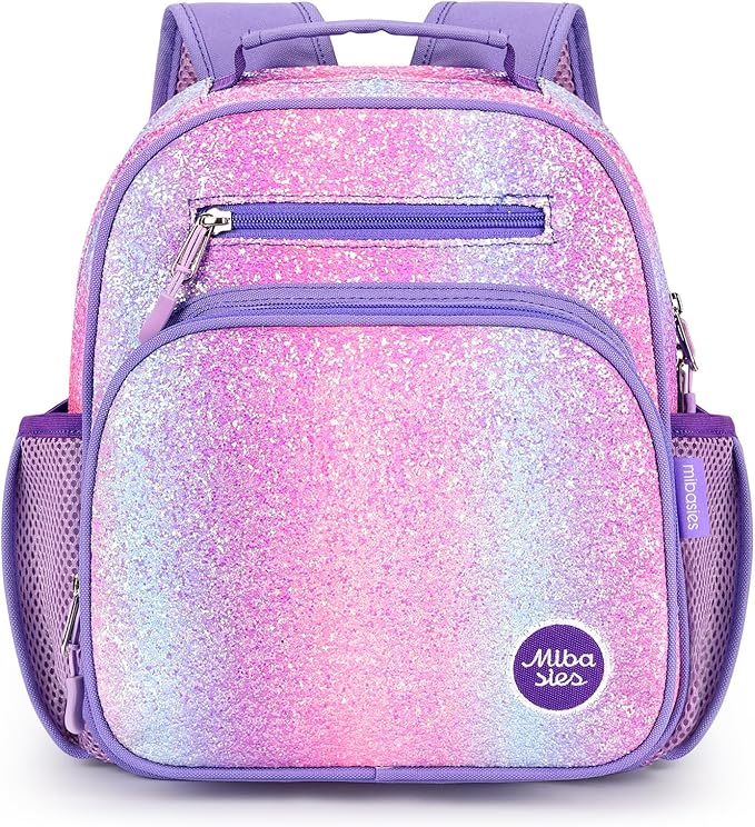 mibasies Toddler Backpack for Girls 2-4: Glitter Kids Backpacks for Girls - Preschool Kindergarten Backpack - Purple
