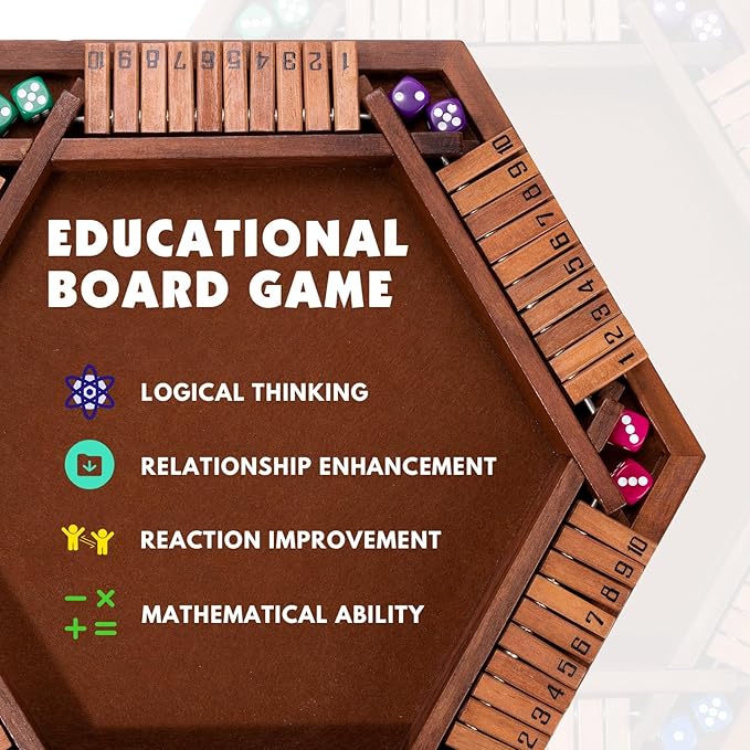 Shut The Box Wood Board Game,2-6 Player Puzzle Game, 16 Dice Educational and Entertaining Classic Tabletop Math Game for Kids