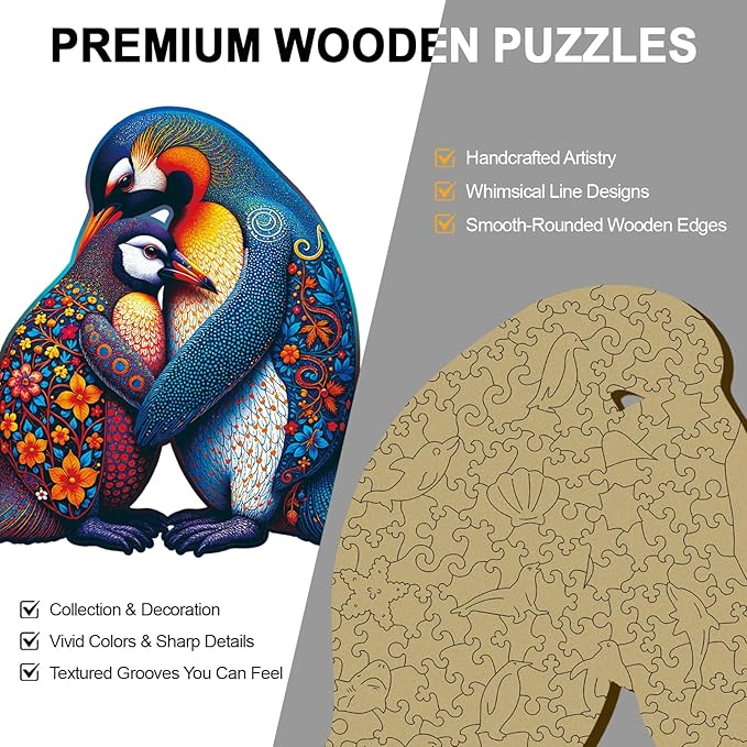 Wooden Puzzles for Adults Penguin Family Puzzle - Laser-Cut Unique Shaped Stress Relief Jigsaw Puzzle, Wall Art Home Decor Gift for Family (11.2"×10.2" 200pcs)