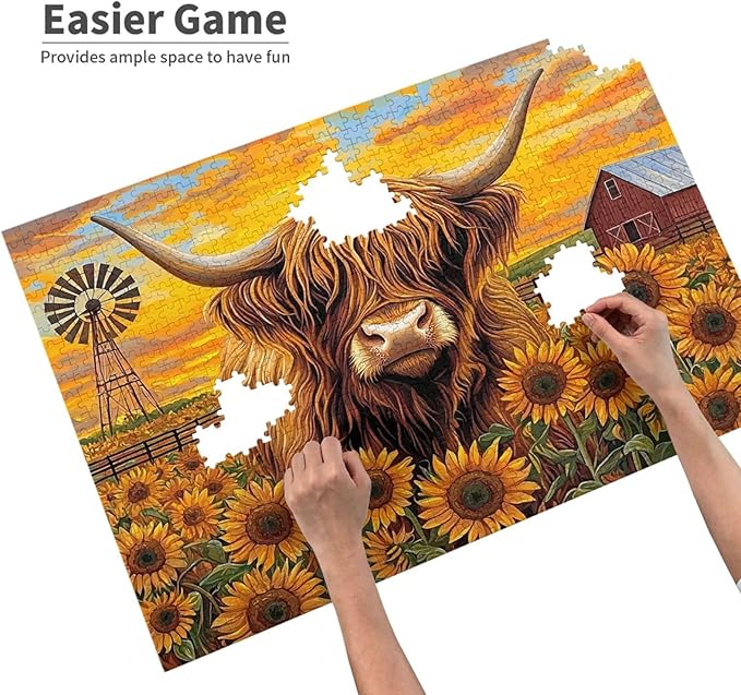 Beautiful Sunflower Highland Cow Jigsaw Puzzle 1000 Piece for Adult, Sunflower Jigsaw Puzzles Flowers Puzzle Nature Animal Flower Painting Jigsaw Puzzles Birthday Gifts for Adults and Family Game