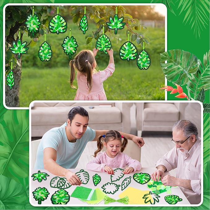 Qyeahkj 36 Set Summer Suncatchers Crafts for Kids DIY Hawaiian Palm Leaves Window Tissue Paper Crafts Kit Green Leaf Hanging Decor for Summer School Home Activity Art Project Birthday Party Favor Gift