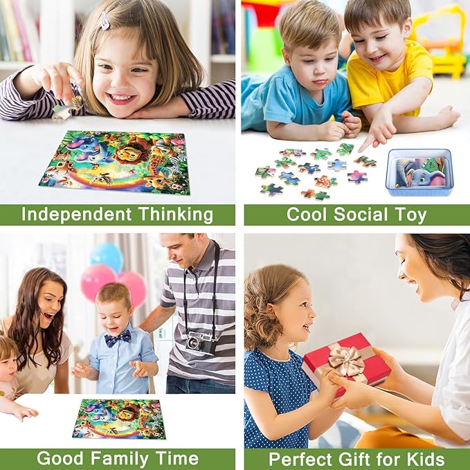 Jungle Animals Puzzles for Kids Ages 4-8, 100 Pieces Jigsaw Puzzles for Kids Ages 3-5 Puzzle for Girls and Boys Learning Educational Puzzles Toys in a Metal Box 
