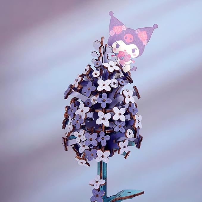 Hands Craft Lilac Hello Kitty and Friends Kuromi 3D Wooden Puzzle Kit | DIY Flower Model | Arts & Crafts for Adults & Kids | Creative Hobby Kits | Kuromi Character | Wood Building Set | Fun Gift