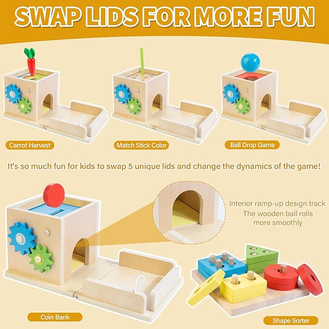 Kizfarm Wooden Montessori Baby Toys, 8-in-1 Wooden Play Kit Includes Object Permanent Box, Coin Box, Carrot Harvest, Shape Sorting & Stacking - Christmas Birthday Gift for Boys Girls Toddlers