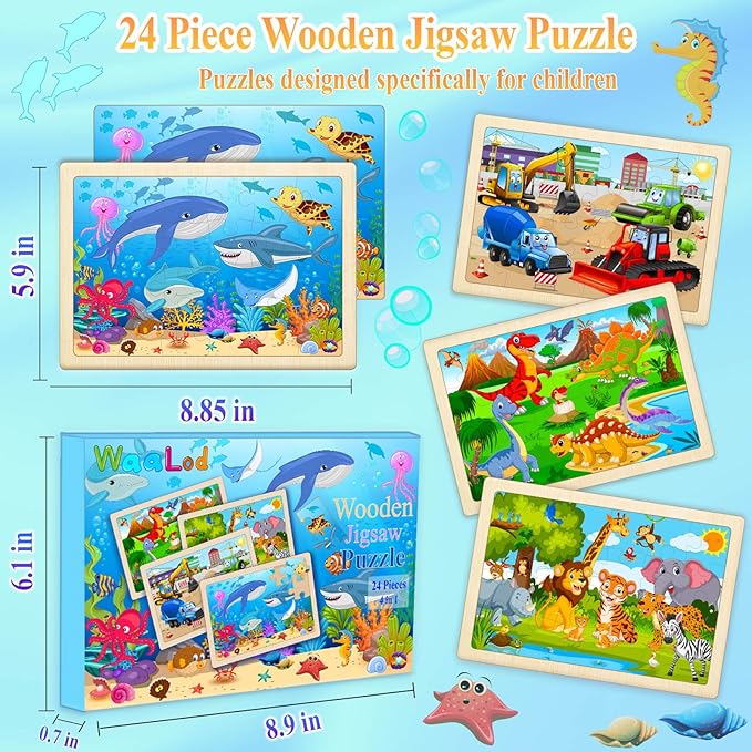 Wooden Puzzles for Kids Ages 4-6, 4 Pack with 24 Pieces Dinosaur, Animal, Ocean, Vehicle Wooden Puzzles for Toddlers Set, Educational & Learning Puzzles, Toys Gifts for 3 4 5 6 Year Old Boys Girls