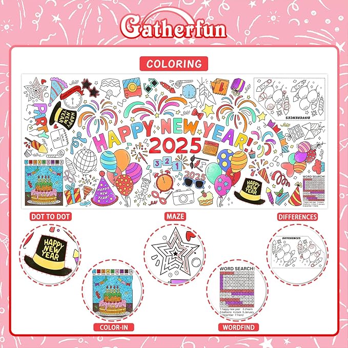 Giant Coloring Poster for Classroom Wall - Versatile 31.5 x 72 Inches Happy New Year Activity Poster/Table Cover, School Parties, Happy New Year Party and Special Events Decoration
