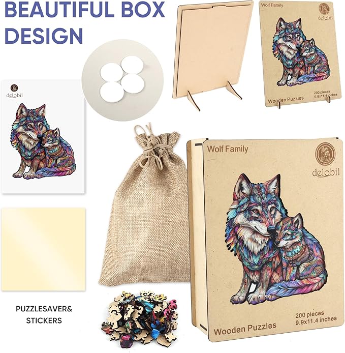 delobil Wooden Puzzles for Adults, Wolf Family Jigsaw Puzzles 200 Pieces, 14.9x9.8in, Unique Shaped Cool Animal Wood Adult Puzzle, Best Gifts for Adults and Kids Family Game
