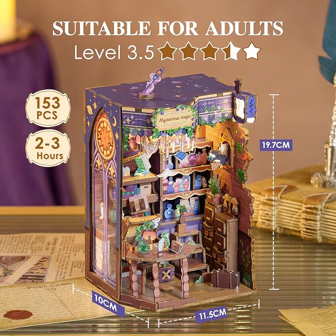 MOMIBOOK Book Nook Kit 153 Pcs DIY Miniature Dollhouse Kit for Adults, 3D Wooden Puzzle Mini Booknook Bookend Bookshelf Decor, Tiny House Model, Party Christmas Birthday Gifts, Fingertip Magic Cabin