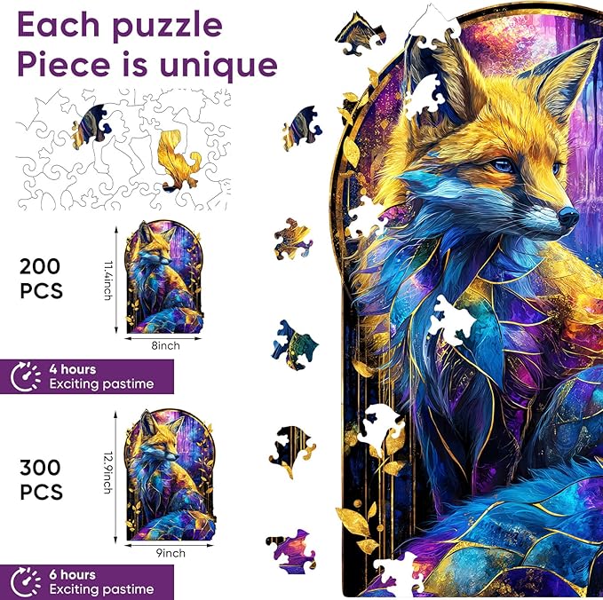 Wooden Puzzles for Adults, Luminous Fox Jigsaw Puzzle 200pcs, 8x11.4in, Unique Shape Wood Puzzles Adult, Creative Gift for Kids Family Game