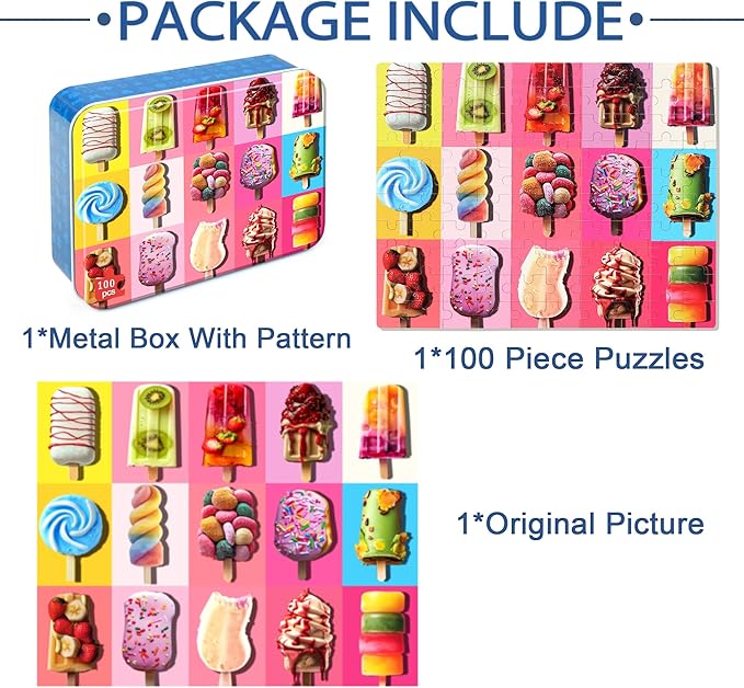 LELEMON Puzzles for Kids Ages 4-6,Popsicle 100 Piece Puzzles for Kids in a Metal Box, Educational Jigsaw Puzzles 100 Piece Puzzle Games for Girls and Boys