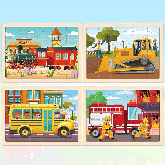 Wooden Puzzles for Kids Age 3 4 5 Year Old, 4 Pack 24 Pcs Toddler Jigsaw Puzzles for Girl Boy Vehicle Activities Preschool Learning Educational Birthday Gift Travel Autistic Wooden Toys