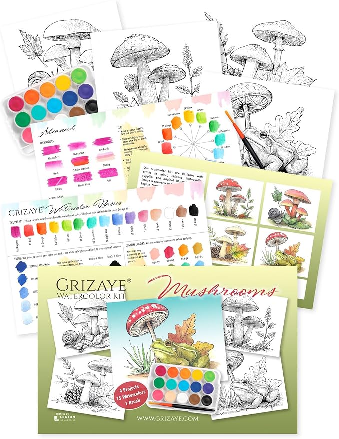 Mushroom Watercolor Kit – 4 Painting Projects for Pro Artists, Beginners, or Groups – Includes Premium Paper, Paint, Brush & Guide – Perfect for Travel or Home DIY Art