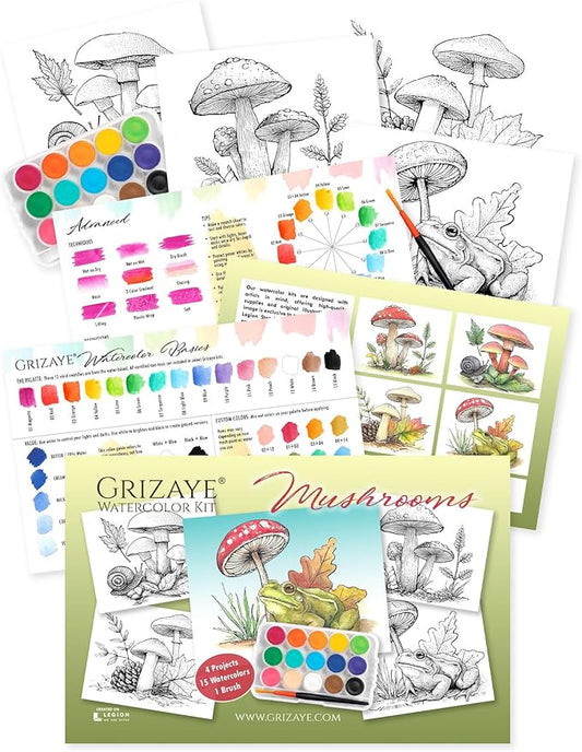 Mushroom Watercolor Kit – 4 Painting Projects for Pro Artists, Beginners, or Groups – Includes Premium Paper, Paint, Brush & Guide – Perfect for Travel or Home DIY Art