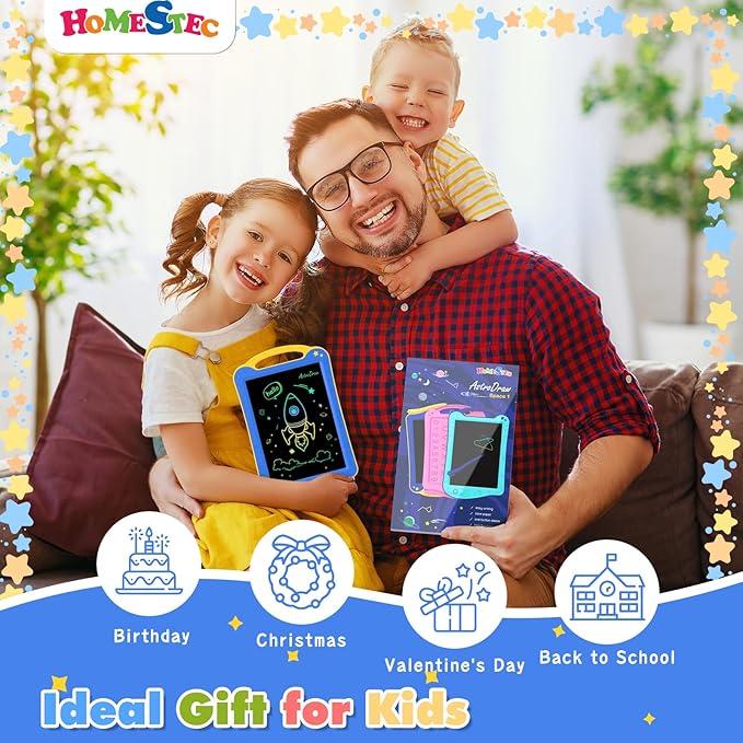 HOMESTEC Astrodraw Drawing Pad Toys, Colorful LCD Writing Tablet for Kids, Doodle Board for Toddlers 3 4 5 6 Years Old, Travel Sensory Space Toy for Boys Girls, Birthday Gift Idea (Blue/Yellow)