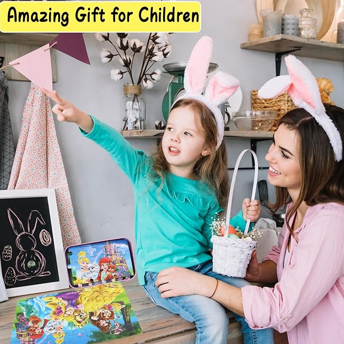 Wooden Princess Puzzles for Kids, 60 Pieces Jigsaw Puzzles in Metal Box, Educational Toys for Ages 3+ (0684, 8 Sets)