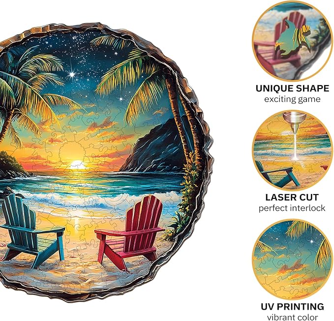 Jigfoxy Wooden Puzzle for Adults, Sunset Beach Wooden Jigsaw Puzzles for Adults, Unique Animal Shape Wood Cut Puzzles for Family Friend Puzzle Lovers(L-13.4 * 13.3in-295pcs)