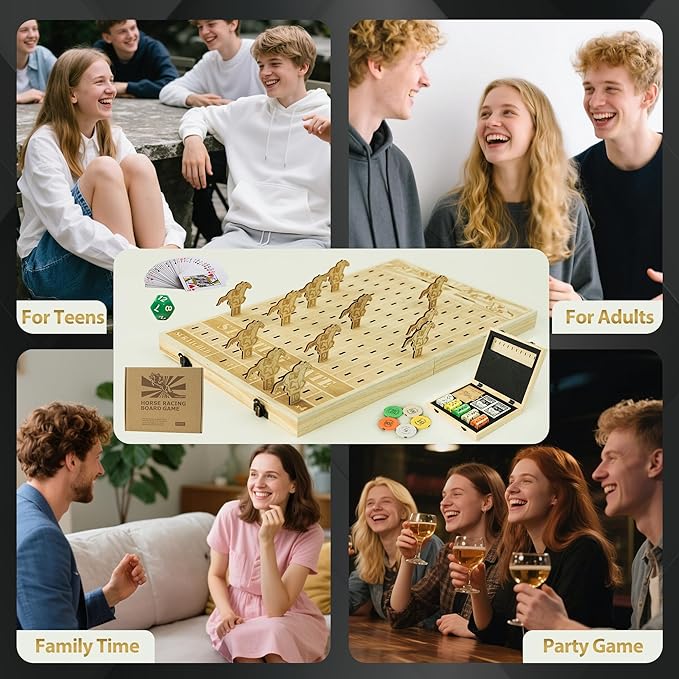 Horse Race Board Game, Foldable Horse Racing Game with 100 Chips, 12 Laser Wooden Horses, 2 D12 & 2 Cards, Thickened Solid Wood Horse Game Set Classic Board Games for Family Nights Party Gifts