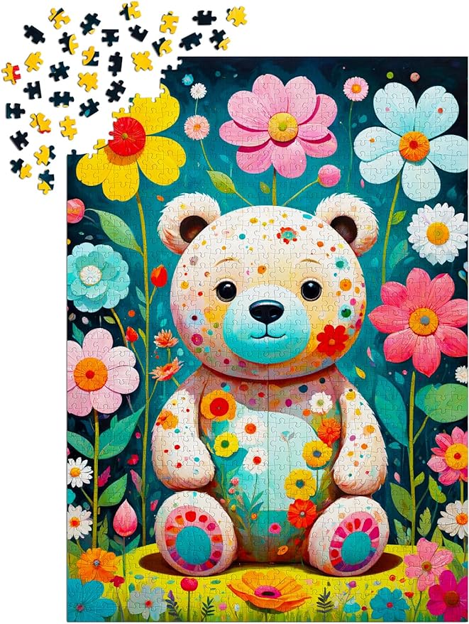 Teddy Bear in Flower Garden Illustration – 1000 Pieces Jigsaw Puzzle for Adults – Matte Finish, Soft Touch, Easy to Assemble, Tight Fit, Vivid Colors, Missing Pieces Service
