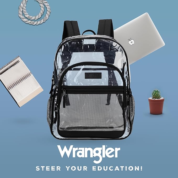 Wrangler Clear Backpack for Girls- Water Resistant Clear Bookbag, Plastic See Through Backpack for Stadium Events and School