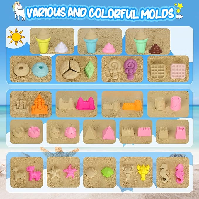 Beach Toys, 30Pcs Ice Cream Sand Toys, Sandbox Toys with Collapsible Sand Bucket and Sand Castle Kit, Cake, Lollipop, Sea Animal, Unicorn Molds, Shovels Set, Mesh Bag, Travel Toys for Girls 3+
