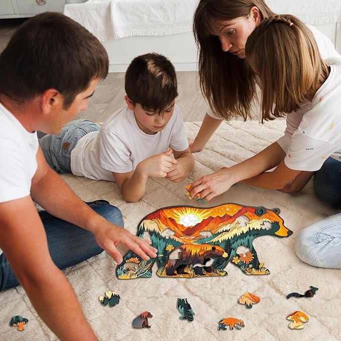 Wooden Puzzles for Adults - Bears in The Forest Wooden Jigsaw Puzzle, Unique Animal Shaped Wood Puzzles Adult, Christmas Birthday Gifts for Friends/Family, Home Decor 13.1 * 7in 160pcs