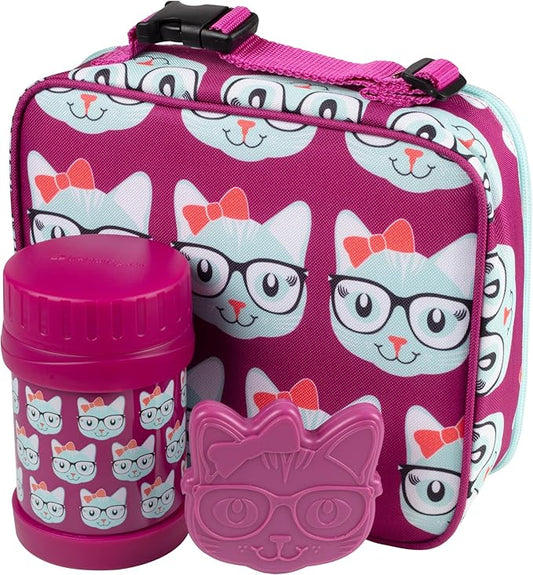 Bentology Kids Lunch Bag Set w Matching Reusable Food Jar & Hard Ice Pack- Kitty- Insulated Tote, Stainless Steel thermos & Freezer Pack to Keeps Food Fresh for Hours- Back to School Lunch Box Kits