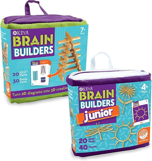 MindWare KEVA Brain Builders Set of 2: Original KEVA Brain Builders and KEVA Brain Builders Junior – Great Addition to STEM Building Toys and Classroom Games – 40 Planks & 70 Puzzles Total