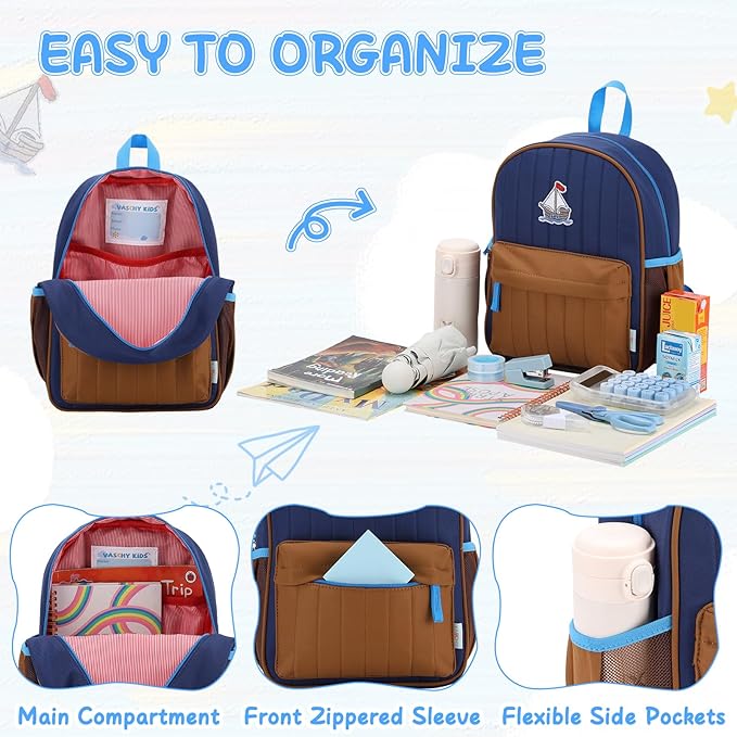 VASCHY Toddler Boys Backpack, Kids' Small Lightweight Quilted Color-blocked Bookbag School Backpack for Kindergarten Children Navy Brown